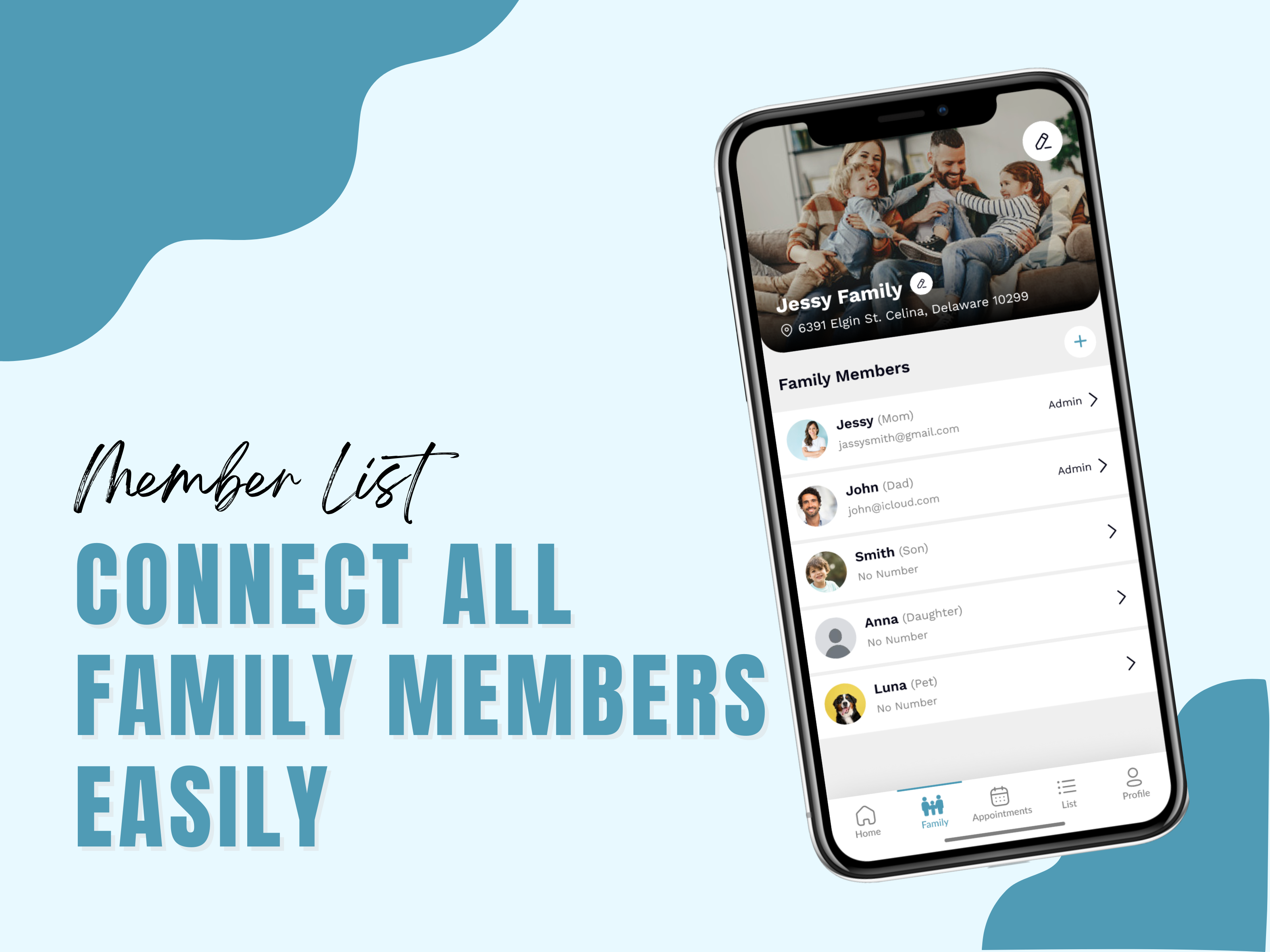 FamilyFeed family tab showing connected members